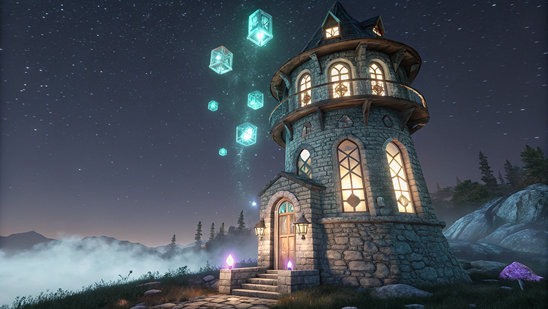 Mystic tower at night with floating crystals